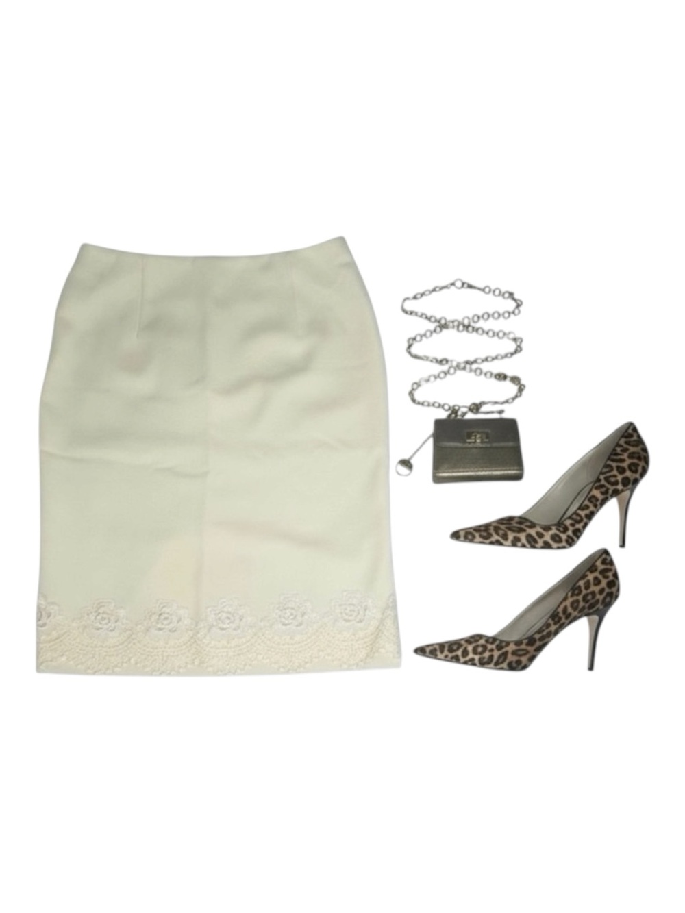 Valentino 𑁍 Rose Lace Wool Pencil Back Slit Knee Length Skirt 𑁍 Winter White 4 - Picture 15 of 16
